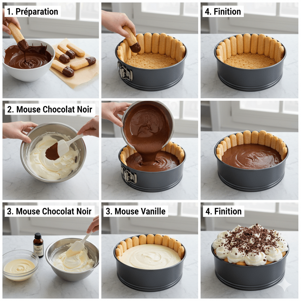 Instructions étape par étape Charlotte Gourmande Chocolat-Vanille