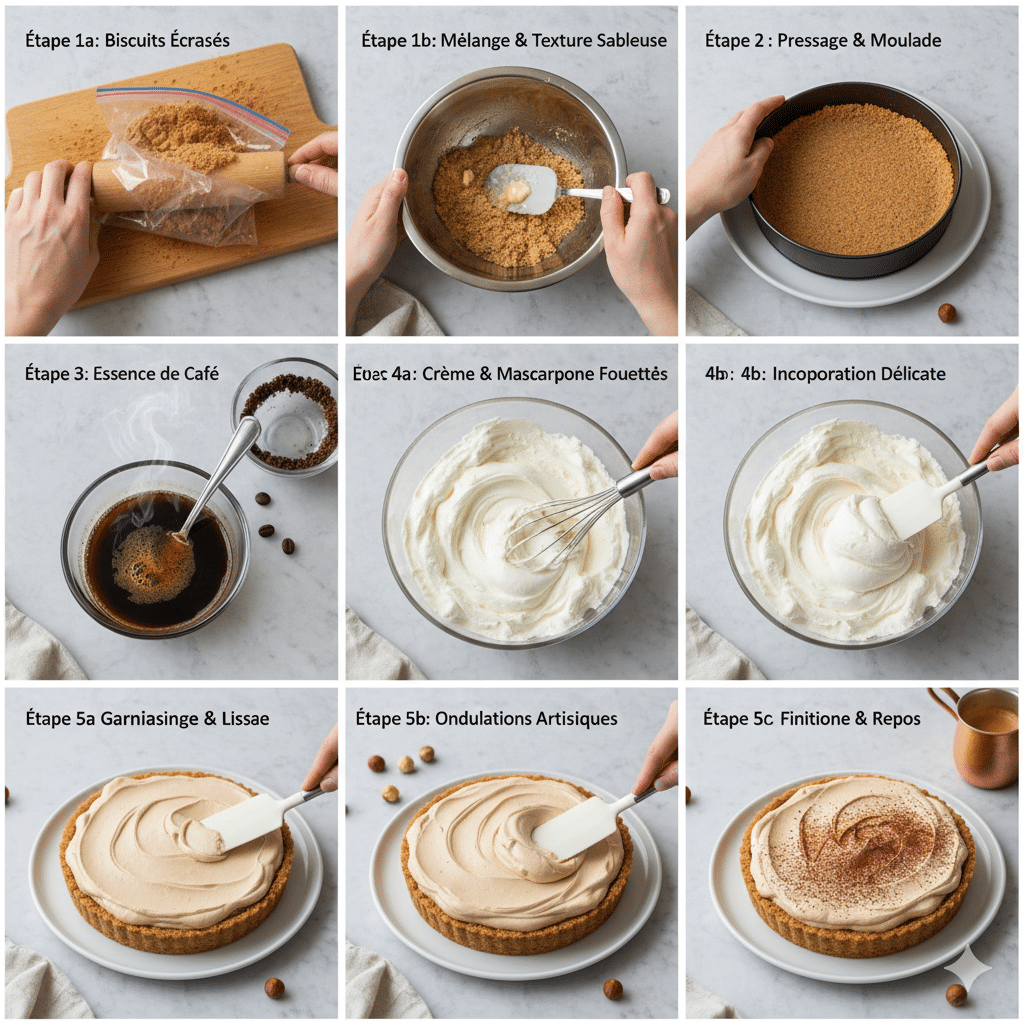 Tarte moka sans cuisson au café et mascarpone saupoudrée de cacao sur un plateau de présentation.