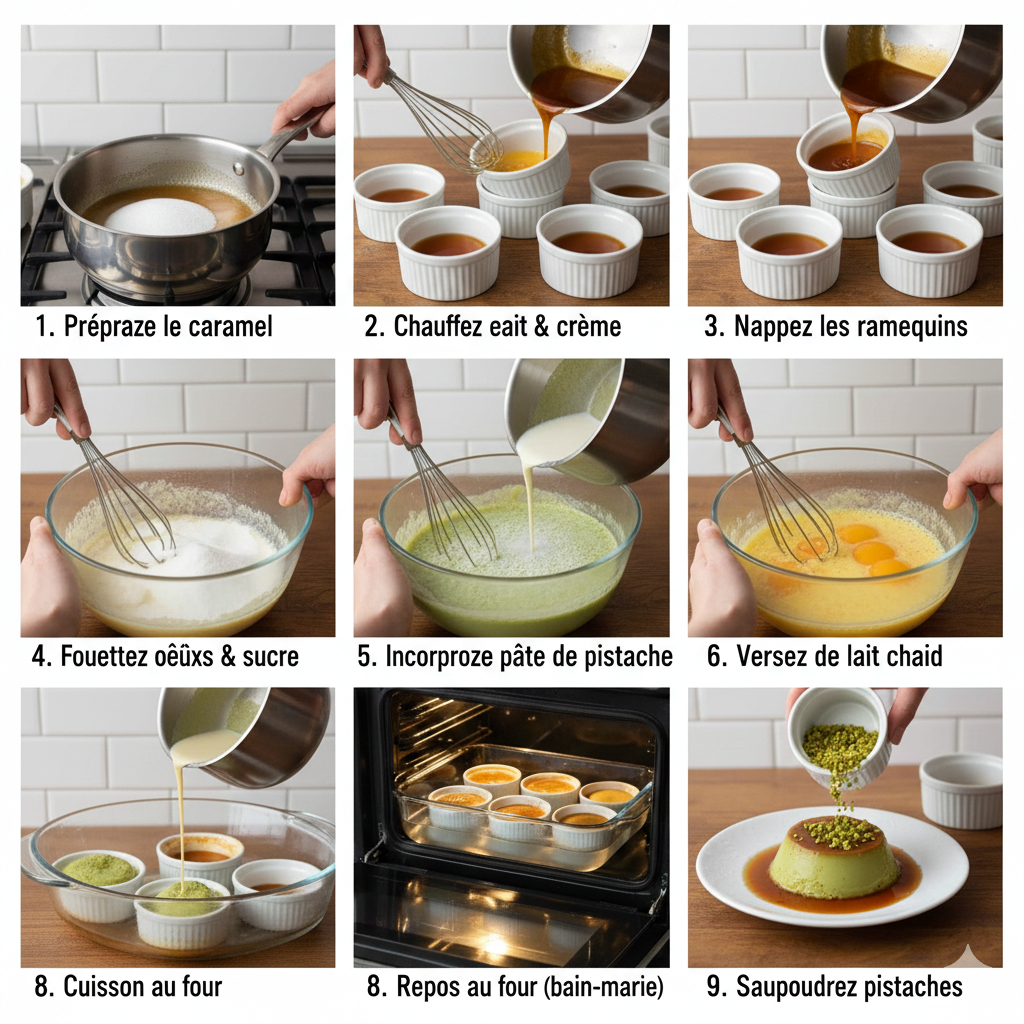 Flan pâtissier à la pistache maison servi sur assiette minimaliste