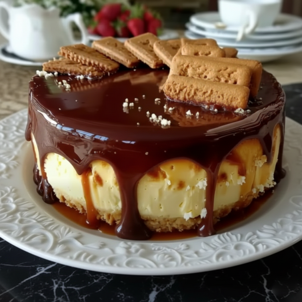 Une vue de près d'une somptueuse Tarte aux Speculoos, Crème Vanillée et Chocolat, parsemée de coulures de ganache foncée et de filets de caramel, avec des biscuits Speculoos plantés sur le dessus. Tarte aux Speculoos, Crème Vanillée et Chocolat
