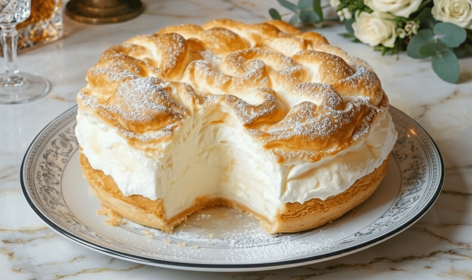 Gâteau Nuage à la vanille avec deux disques de pâte feuilletée dorée et une épaisse couche de mousse légère, saupoudré de sucre glace.