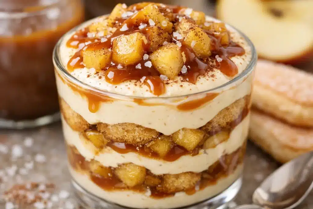 Tiramisu caramel beurre salé et pommes poêlées