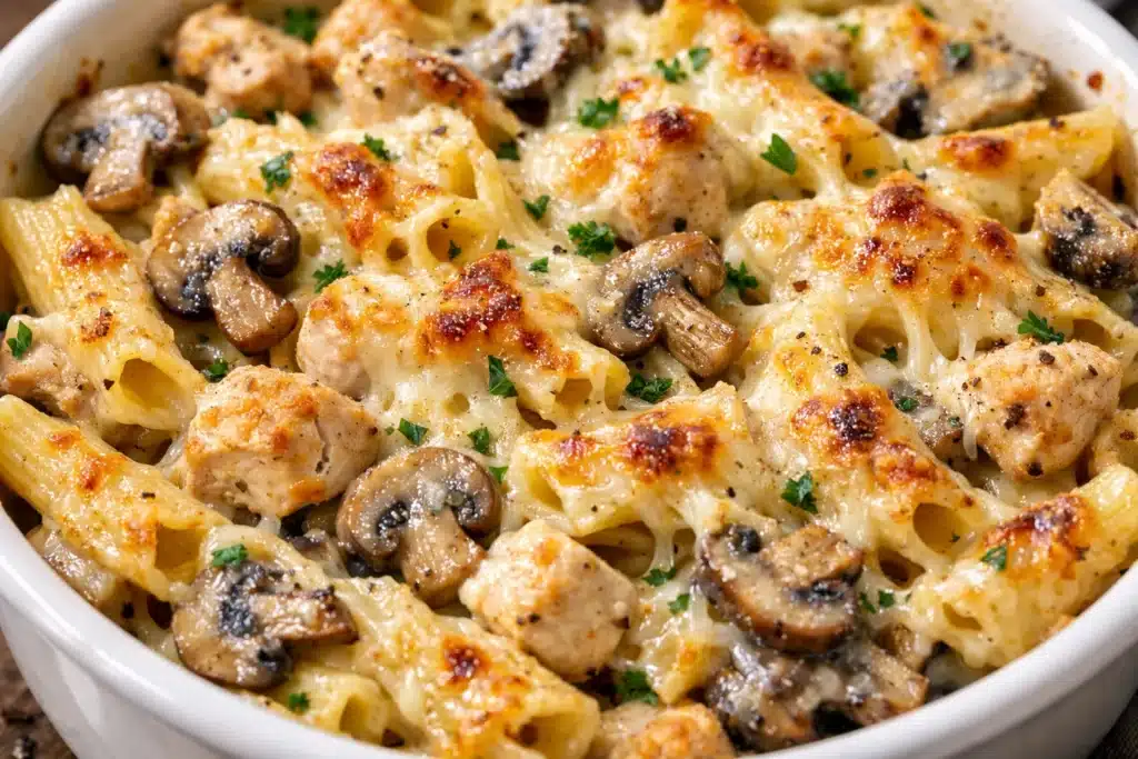 Gratin de Pâtes aux Champignons et Poulet