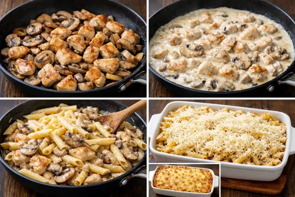 Gratin de Pâtes aux Champignons et Poulet