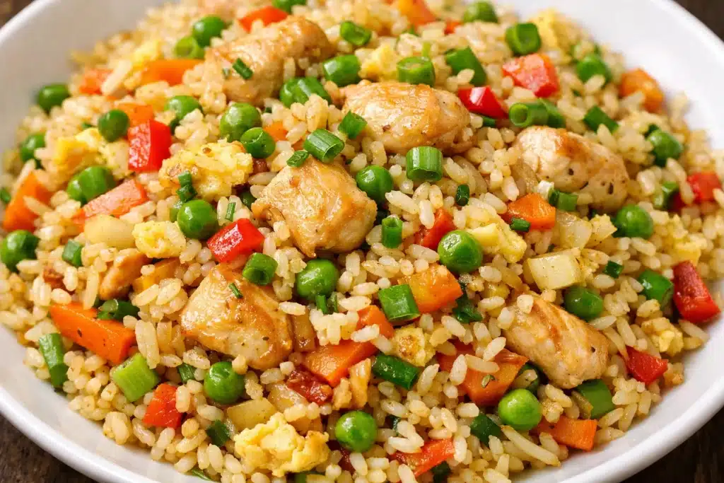 Riz sauté au poulet et légumes