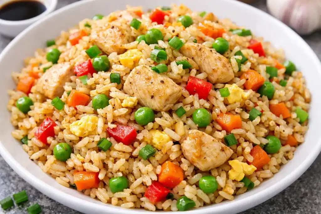 Riz sauté au poulet et légumes