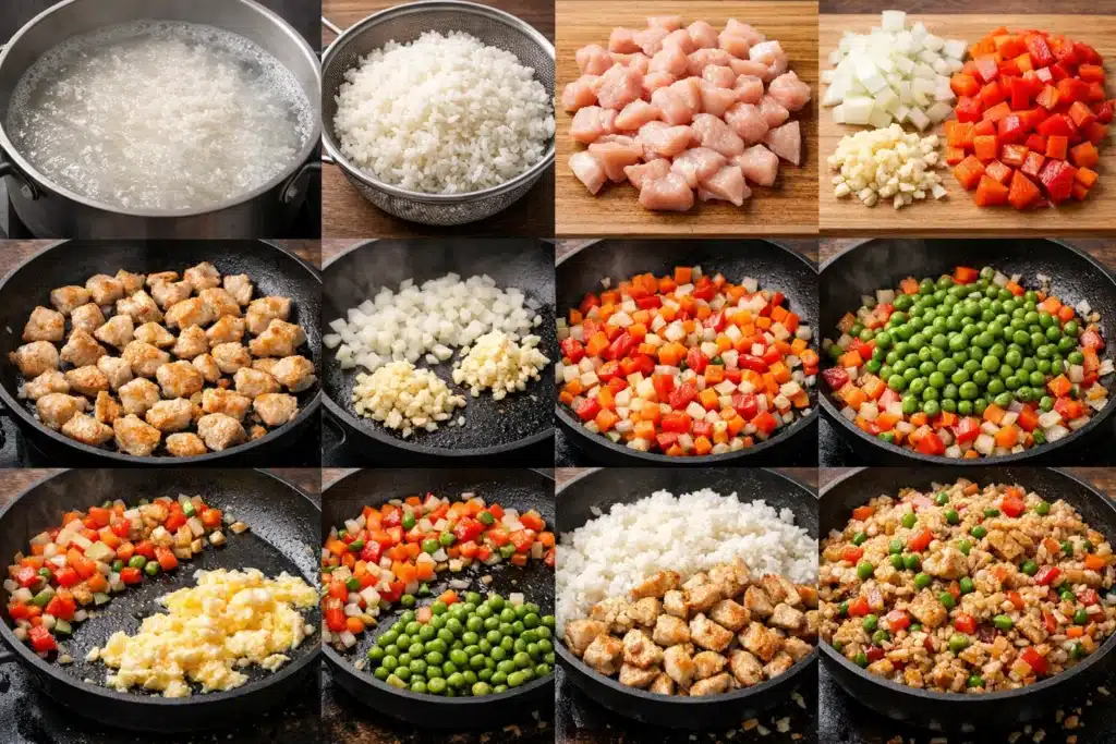 Riz sauté au poulet et légumes