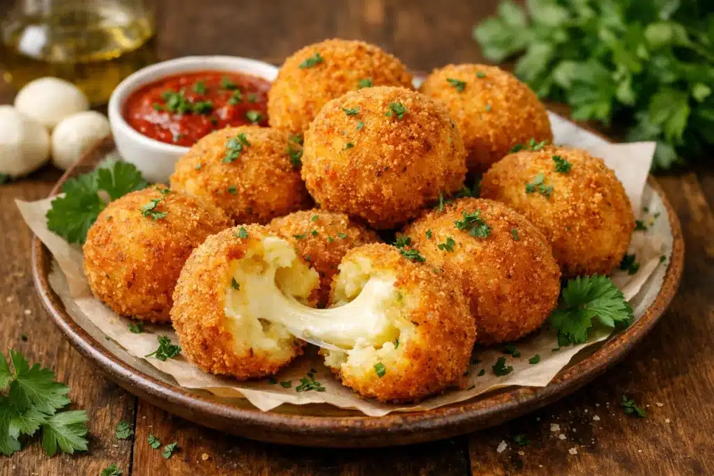 Boulettes de pommes de terre au fromage, farcies à la mozzarella