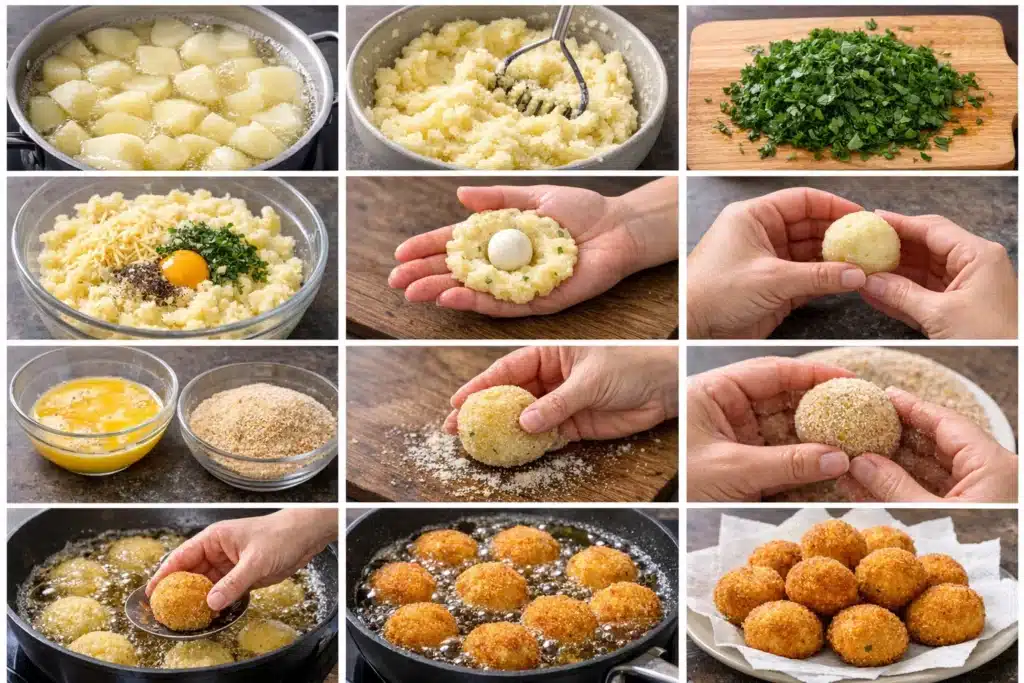 Boulettes de pommes de terre au fromage, farcies à la mozzarella