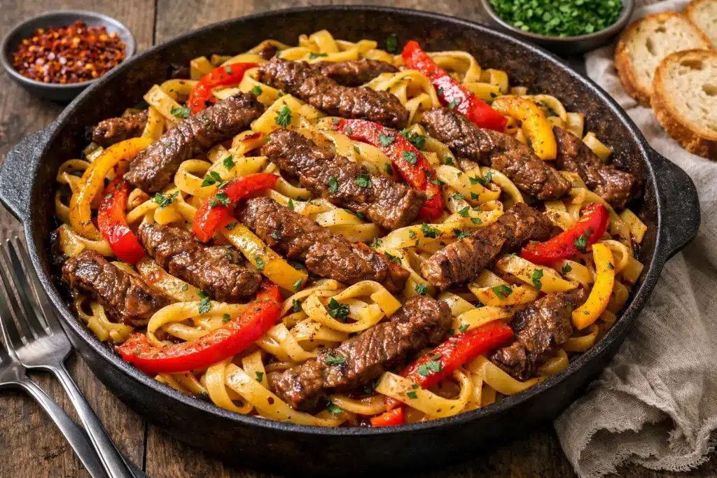 Pâtes au steak et au poivron grésillantes