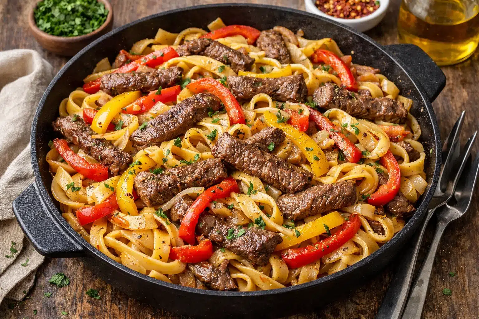 Pâtes au steak et au poivron grésillantes