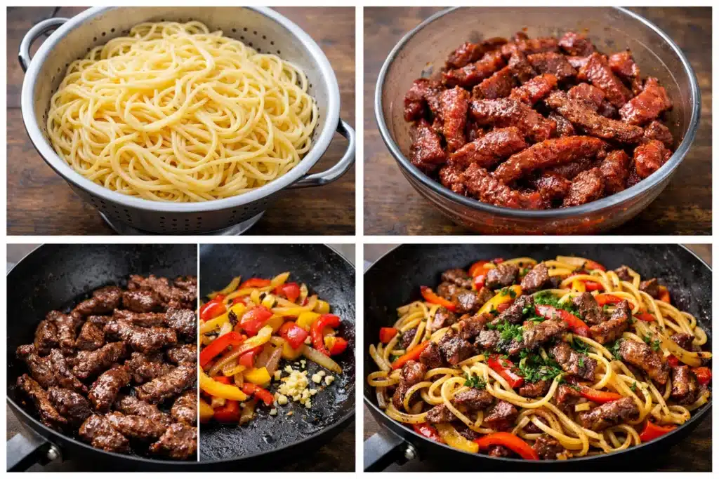 Pâtes au steak et au poivron grésillantes