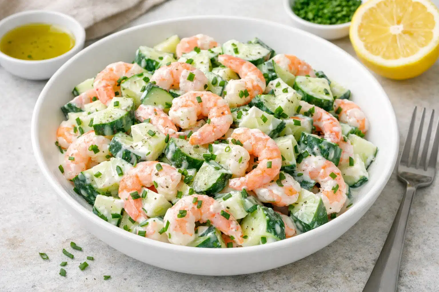 Salade concombre, crevettes et sauce yaourt