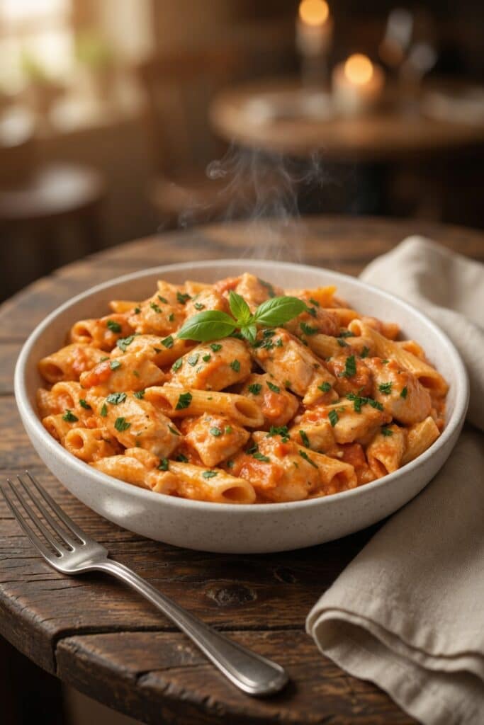 Pâtes au poulet et sauce tomate crémeuse
