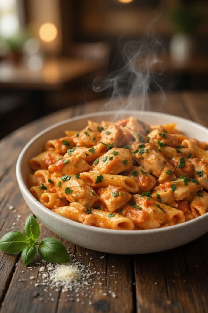 Pâtes au poulet et sauce tomate crémeuse