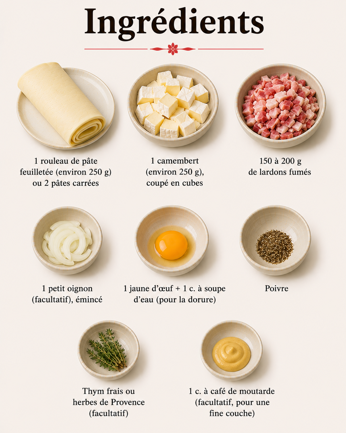 La Liste des Ingrédients : Feuilletés Camembert & Lardons : fondants et croustillants au four