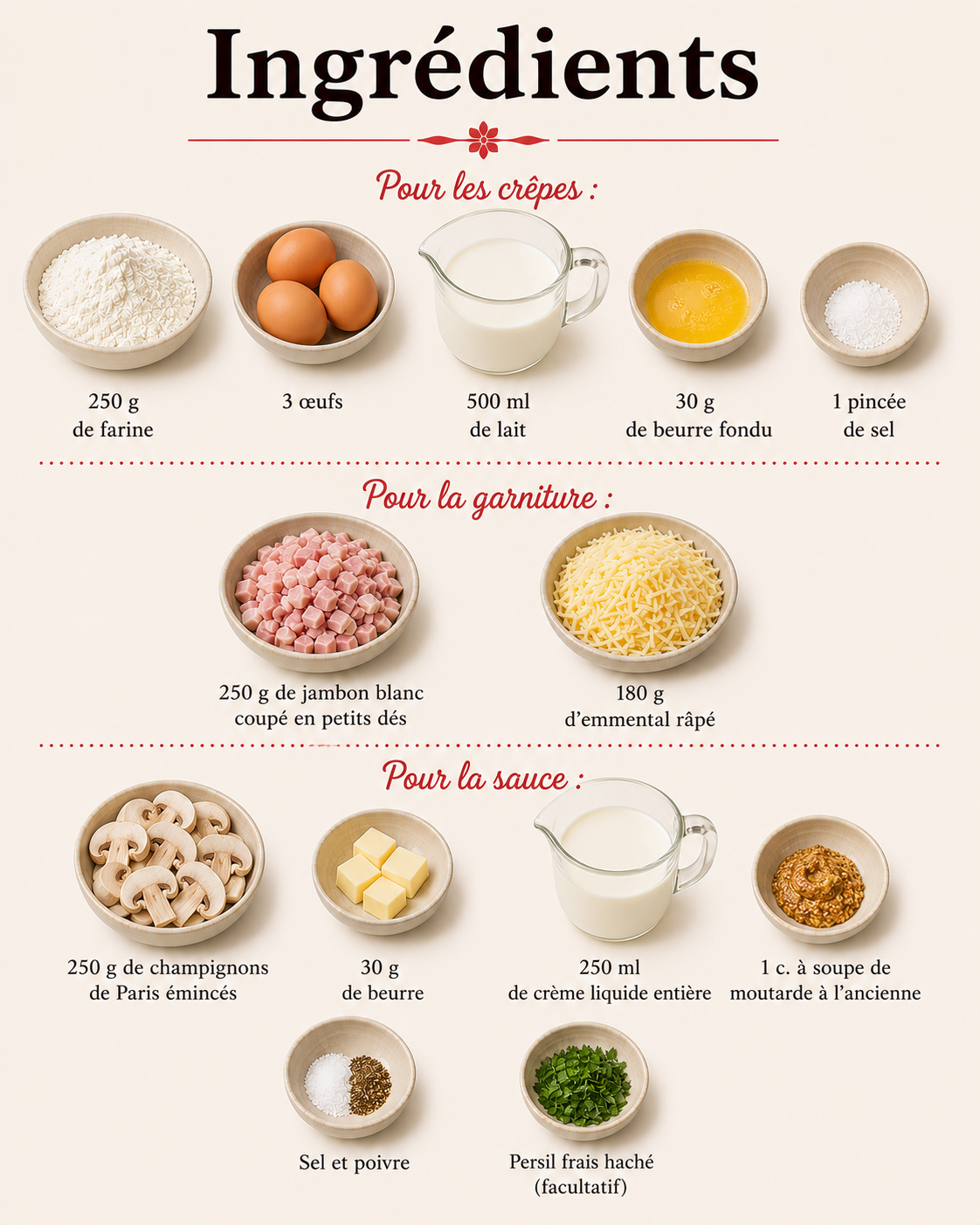 La Liste des Ingrédients : Cannelloni au Jambon, Champignons et Sauce Crème-Moutarde : le plat familial réconfortant et ultra gourmand