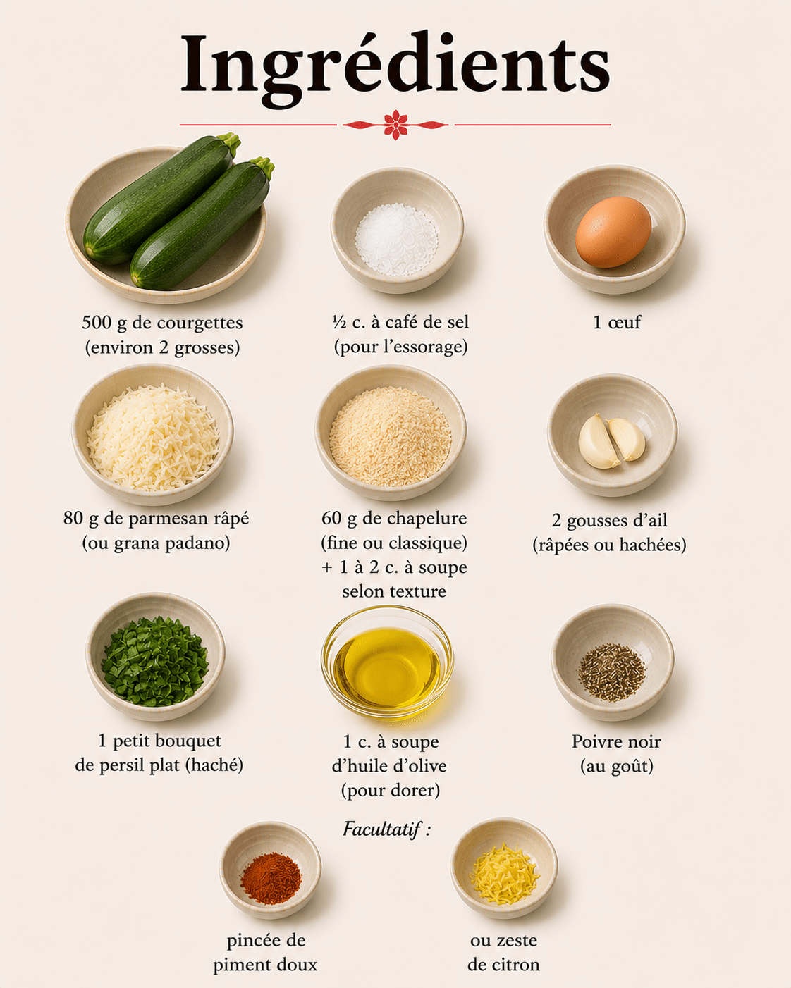 La Liste des Ingrédients : Boulettes de courgettes au parmesan, herbes fraîches et ail
