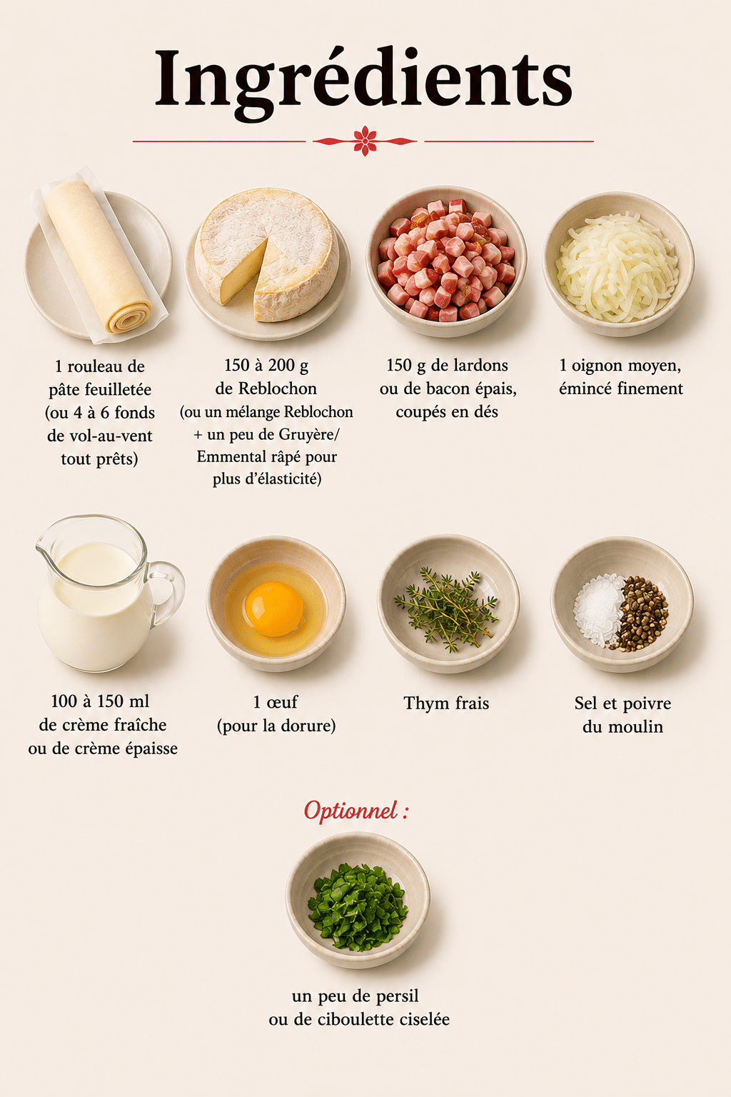 La Liste des Ingrédients : Vol-au-vent savoyard fondant au Reblochon, lardons & oignons